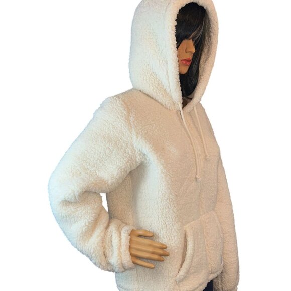 Hollister Womens Large Sherpa Hoodie Jacket Full Zip Ivory Cozy Winter Wear - Picture 3 of 9